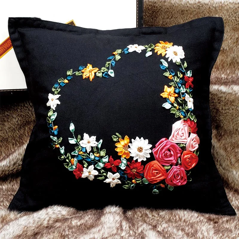 Flower ribbon diy embroidery kit cushion pillow cover needlework cross Flower ribbon diy embroidery kit cushion pillow cover needlework cross