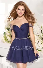 Dressgirl Marineblau Cocktailkleider 2017 A-line Kappen-hülsen Chiffon Perlen Durchsichtig Short Mini Homecoming Kleider