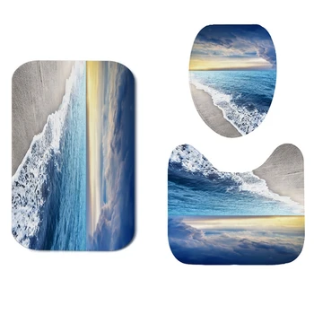 

3Pcs/Set Beach Print Non Slip Toilet Bathroom Pad Carpet Absorbent Pedestal Rug Lid Toilet Cover Bath Mat
