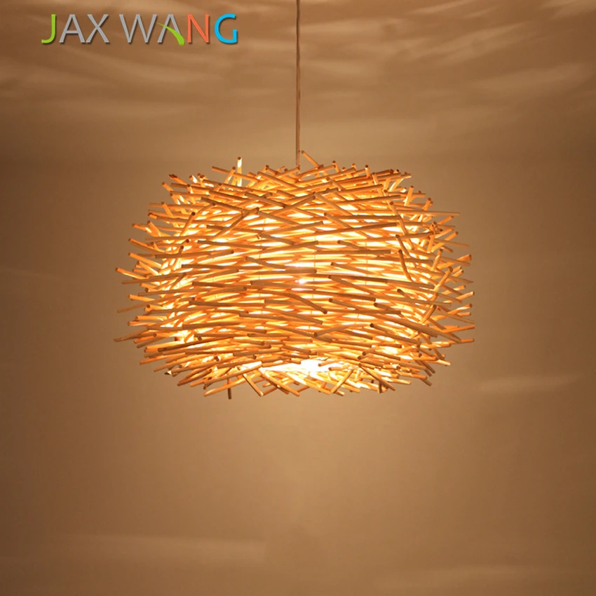 

Japen Hand-woven Cany Art Lamp Wood Pendant Lamps E27 Novelty Nest Cage Pendant Lights Decorative for The Living Room Cafe Light