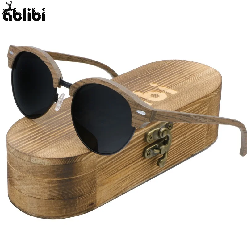 

Ablibi Wooden Sunglasses for Men Women Round Sun Glasses UV400 Semi-Rimless Wood Grain Shades in Engraved Case gafas de sol
