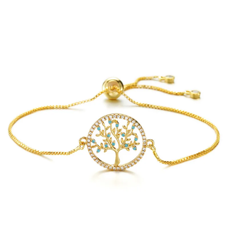 

2018 Hot Blue Cubic Zirconia Life Tree in Middle and Border of CZ Stones Adjustable Copper Chain Charm Bracelets For Women