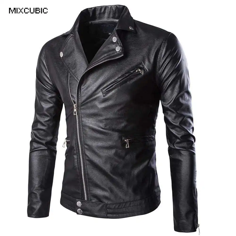 MIXCUBIC Autumn winter College style Oblique zipper PU leather jackets men casual slim blue PU leather jacket for men size M-5XL