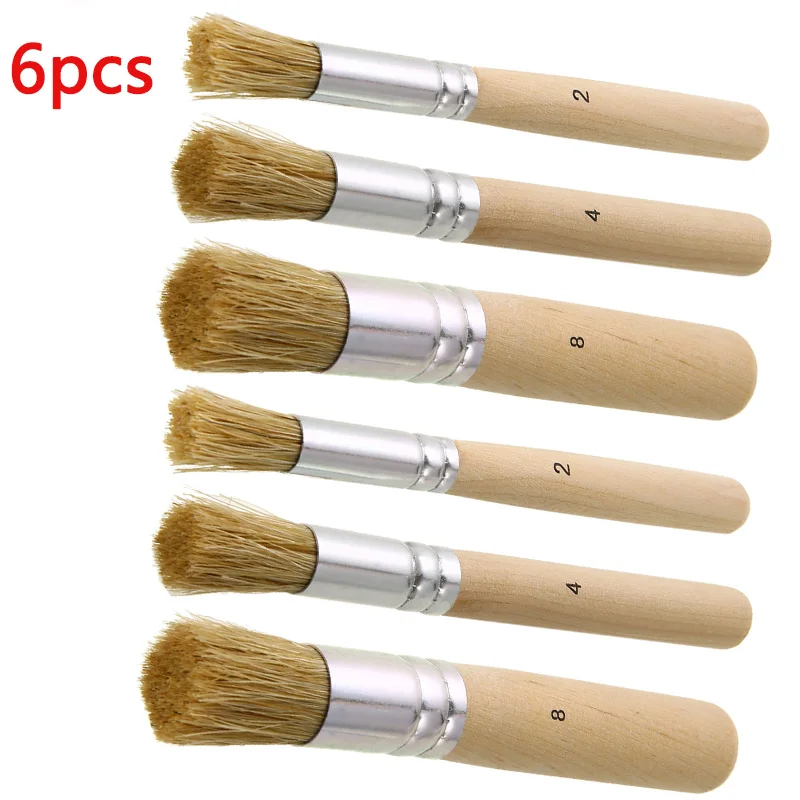 

6pcs 3 Sizes Hog Bristle Brush Wooden Handle Stencil Brushes Art Supplies for Acrylic Watercolor Oil Painting