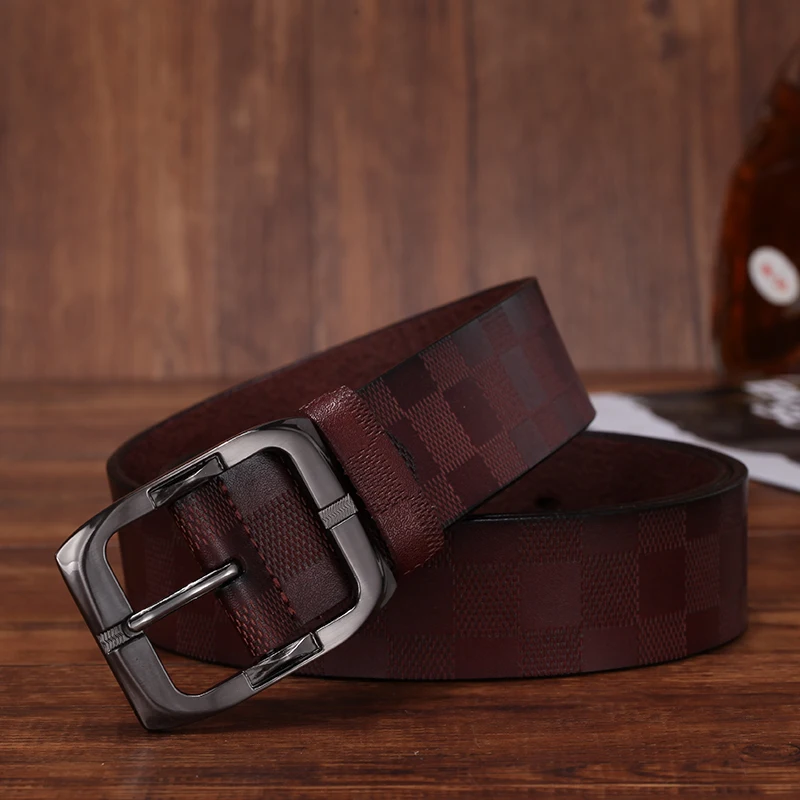 Plaid embossed leather men's belt classic retro fashion square pin buckle belt Men's casual belt jeans