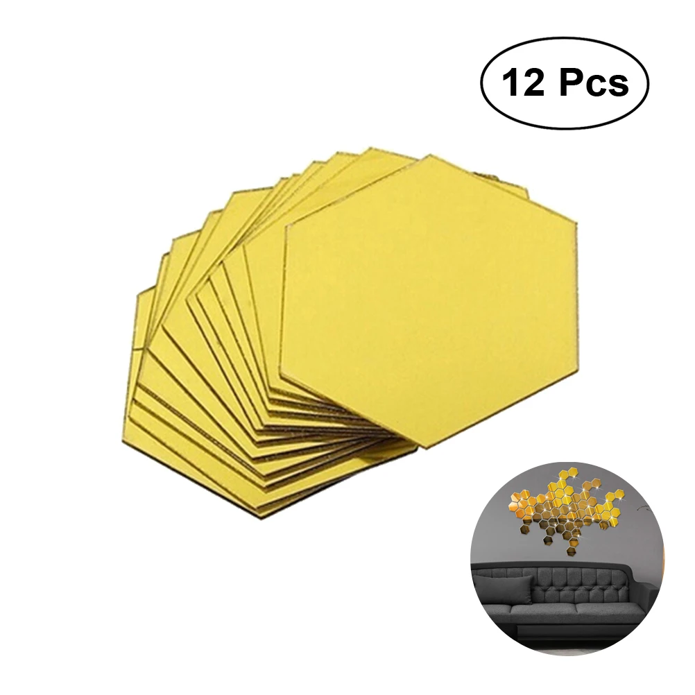 

12pcs Hexagonal Acrylic Mirrors Wall Stickers Home Decor Living Room DIY Modern Art Mirror Wall Mural Decoration 4x4m (Golden)