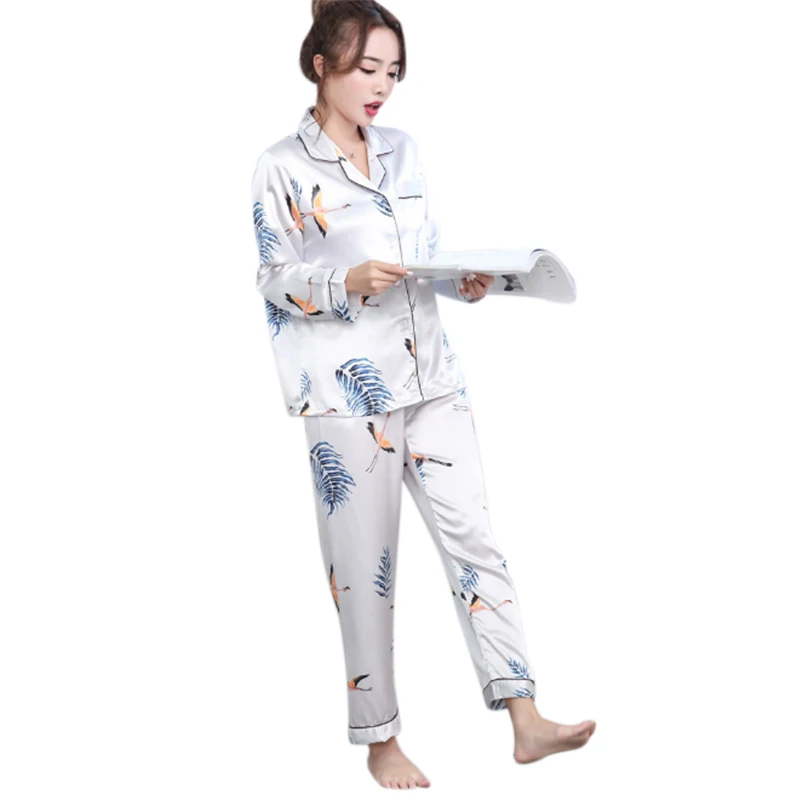 Женщины с длинным рукавом Turn-Down воротник рубашки печати пижамы наборы кофта с v-вырезом