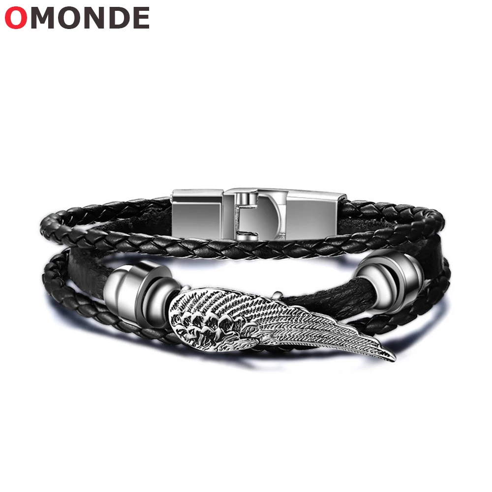 

22 cm Vintage Braided Leather Bracelets Black Rope Chains Cross Feather Charms Wristband for Male Biker Men Cuff Punk Jewelry