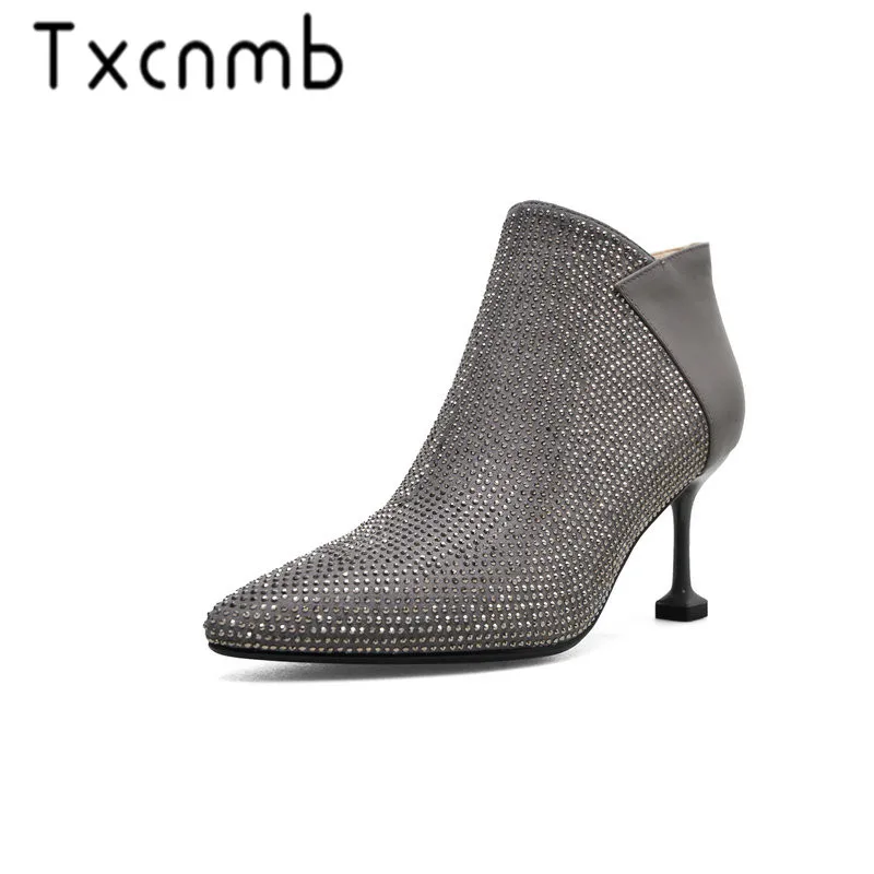 

TXCNMB Hot Cow Suede Leather Zipper Ladies Boots Thin High Heels Ankle Boots for Women Short Autumn Winter Boots