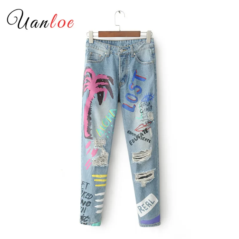 

2019 Hot Sale Denim Harem Pants Woman Jeans Letters Pattern Printed Boyfriend Jeans For Women Casual Ripped New Jeans Femal