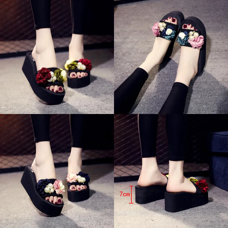 

New fashion handmade flower toe platform slippers casual non-slip beach flip flops
