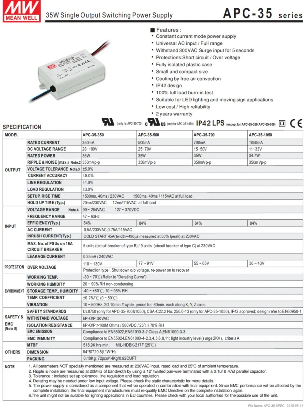 Mean Well APC-35-700 35W 15-50V 700mA светодиодный водонепроницаемый драйвер, одиночный выход импульсный источник питания