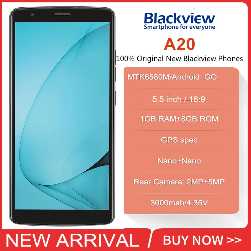 Original Blackview A20 Smartphone 18:9 5.5 inch Android Go dual Camera 1GB RAM 8GB ROM MT6580M 5MP 3G Mobile phone