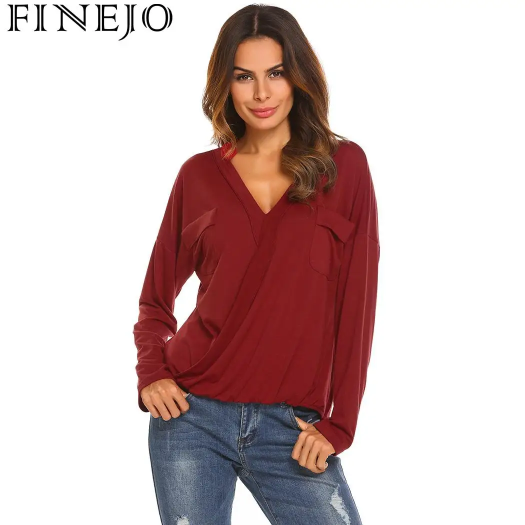 

FINEJO Women Tshirts Casual Front V Neck Wrap Cross Elastic Ruched Hem Long Sleeve Top Pullover Slim Fit T-Shirt TShirt
