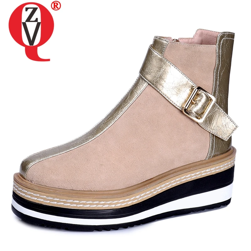 

ZVQ cow suede motorcycle boots fashion woman Spring winter flat Platform woman shoes black apricot round Toe Combat Boots