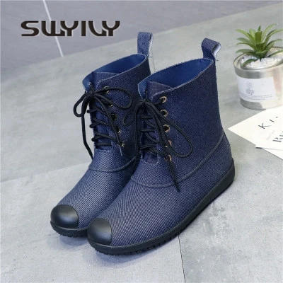 SWYIVY Rainboots Woman Ankle Martin Shoes Waterproof 2018 Female Denim Color Rain Boots PVC Comfortable Ladies Willies Rainboots