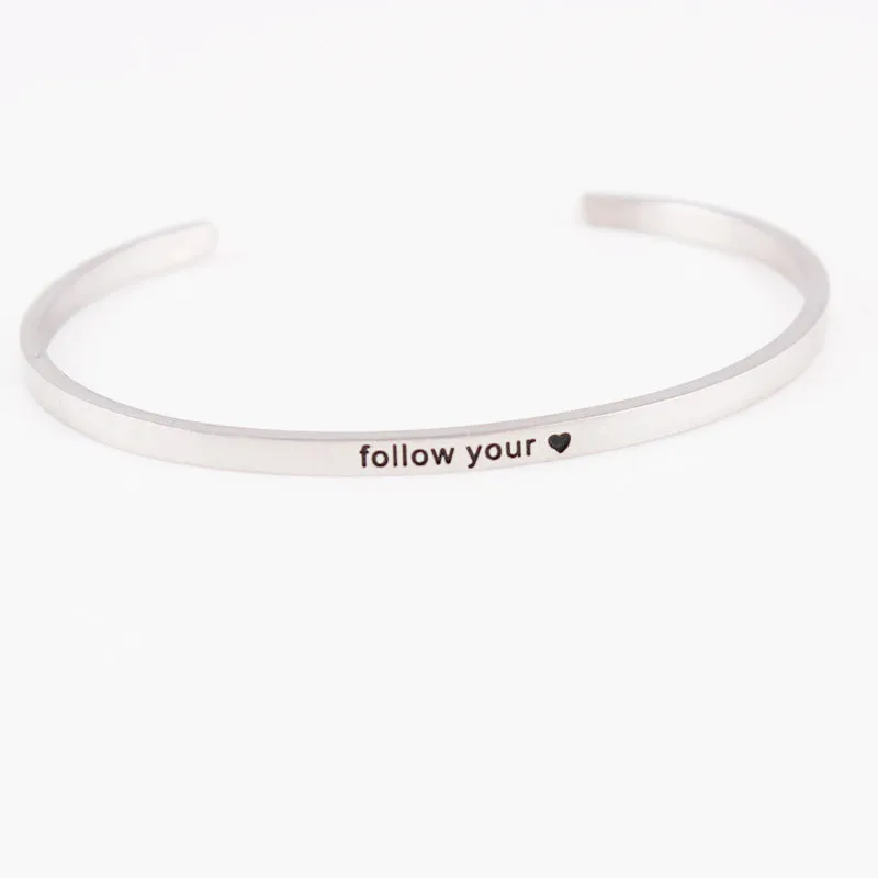 

2019 Silver Stainless Steel Bangle Engraved Positive Inspirational Follow You Quote Cuff Mantra Bracelets For Women Female