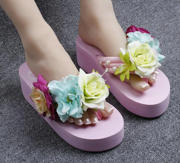 2019 New Flowers Beach Handmade Flip Flops Slippers Online Fashion High Heel Sandals Pink Shoes Womens45