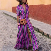 Vintage Rainbow Striped Boho Maxi Dress Women Button Side Split Long Dress Casual Turn-down Collar Autumn Dresses 3XL