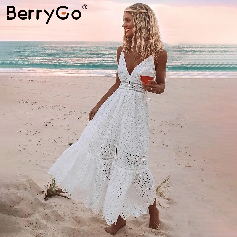 BerryGo الأبيض اللؤلؤ مثير النساء فستان صيفي 2019 الجوف خارج التطريز ماكسي فساتين قطنية مساء حزب طويل السيدات vestidos