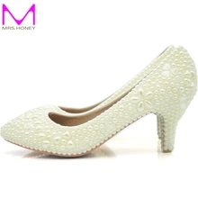 Custom-made Simple Pearl Wedding Dress Shoes Ivory Color Middle Heel Sapatos Femininos Women Ladies Shoes Woman Valentine Shoes