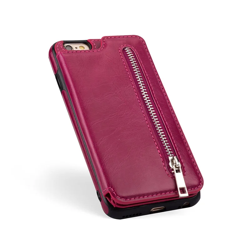 Кошелек из искусственной кожи, флип-чехол для iphone 6, 7, 8 Plus, X, XS, MAX, XR, слот для карт, сумка для хранения на молнии, чехол для samsung S8/S9/Note 8/9 - Цвет: ROSE RED