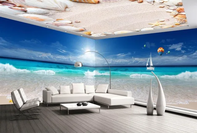 Lukisan Wallpaper Laut Pantai Tema Desain Non Woven Lukisan Wallpaper Laut Pantai Tema Desain Non Woven Ruang Tamu Sofa Tv