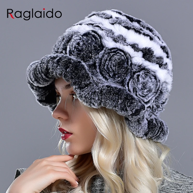 Bucket hats for women winter rabbit fur hat causal warm knitted caps for girls female fashion outdoor large ladies volume hats