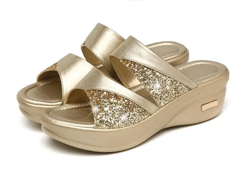 Пайетки на каблуке обувь для мам женские кожаные босоножки Мягкие тапочки на плоской подошве женская летняя Уличная обувь W305