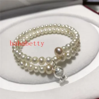 

New Natural Cultured Freshwater white Pearl 5-6MM Potato Shape Bracelet 925 Sterling Silver fish Good Luck Bracelet
