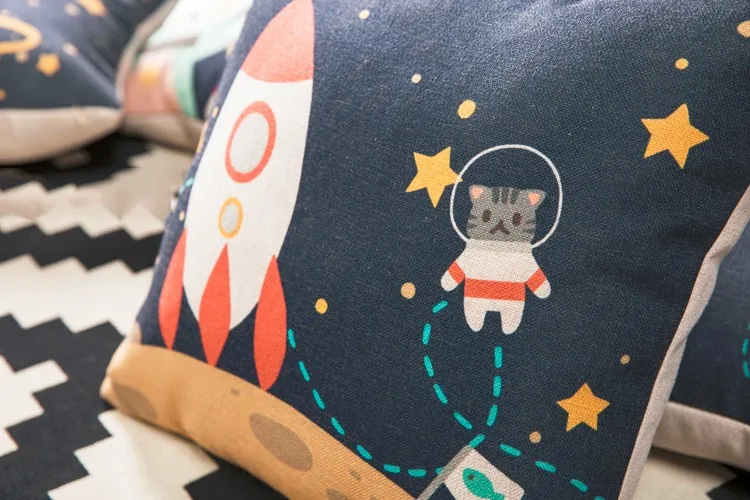 Льняная наволочка, наволочка для подушки, милый кот, для путешествий в космосе, ракета НЛО, домашний декоративный чехол для подушки 45x45 см