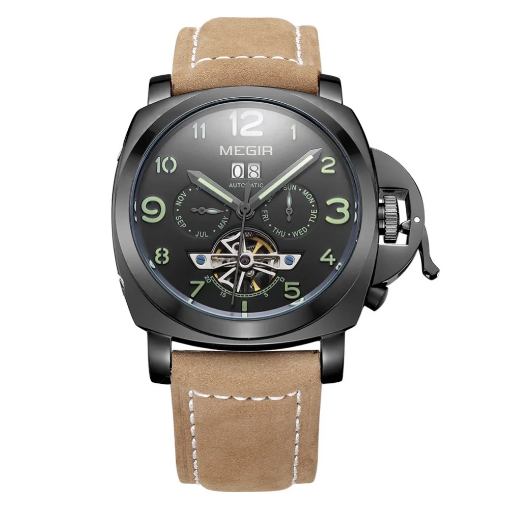 MEGIR2713 New Brand Causal Geniune Leather Mechanical Watch Date Chronograph Luminous 3ATM sport Military Watch Fashion