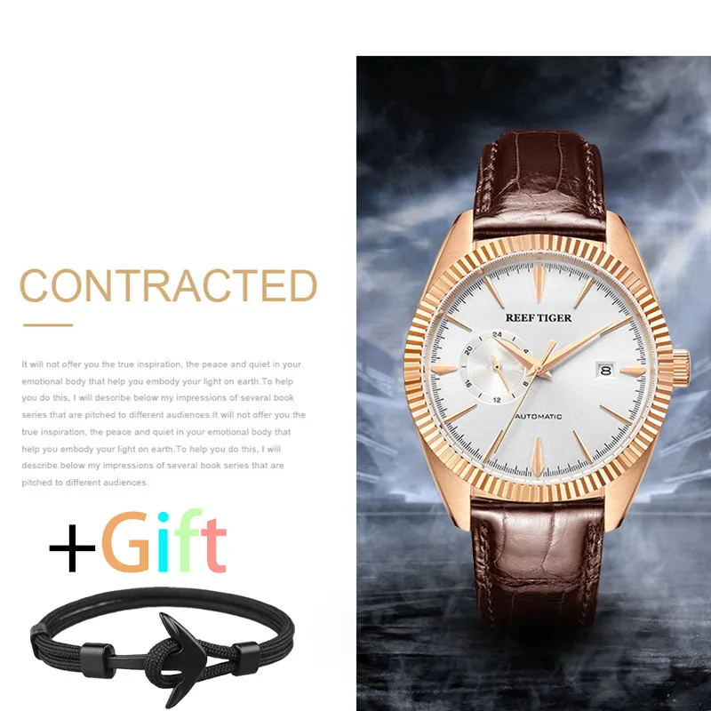 

Reef Tiger Brand Top Luxury 50M Waterproof Mechanical Watch Men Fshion Business Leather Strap Date montre homme+gift RGA1616