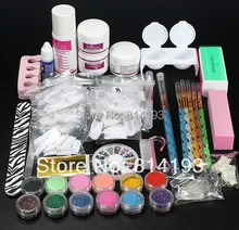 Pro Acrylic Nail Art Tips Decorations Glue File Powder Liquid Glitter Brush Pen Tweezer Tool Set BEMLP