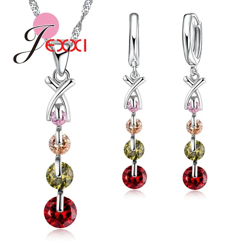 

New Women 925 Sterling Silver Crystal Necklace Earrings Set For Wedding Accessory Colorful CZ Zircon Bridal Jewelry Sets