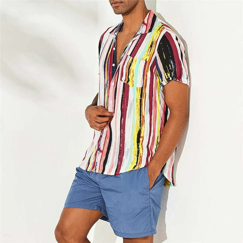 جديد الرجال الصيف مخطط قمصان عارضة فضفاض طباعة قمصان هاواي الرجال الذكور ملابس بأكمام قصيرة قميص الملابس Camisa زائد حجم