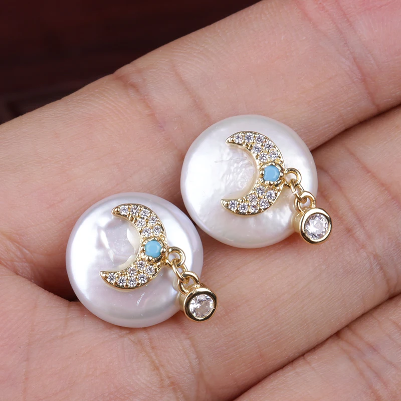 multi options pattern choosable micro pave colorful cz gold tiny charm natural coin freshwater pearl stud earrings for women