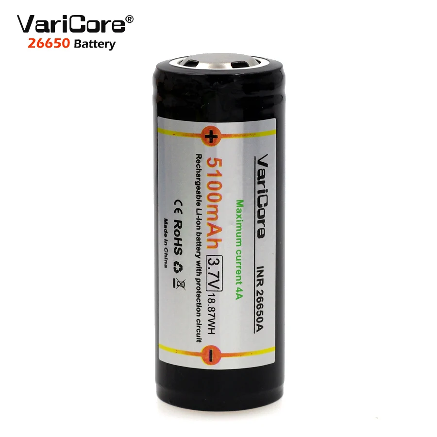 VariCore 26650 3,7 V батарея 26650 5100mAh 4A литиевая батарея Защитная плата PCB для высокой яркости фонарика