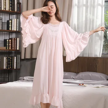 

Cotton Sleep Lounge Vintage Night Dress Autumn Women Sleepwear Dress Nightdress Homewear Princess Long Nightgown Sleepshirts