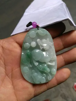 

Natural light green ice transparent embroidery pendant, Burmese yu pendant, male and female model yu necklace/