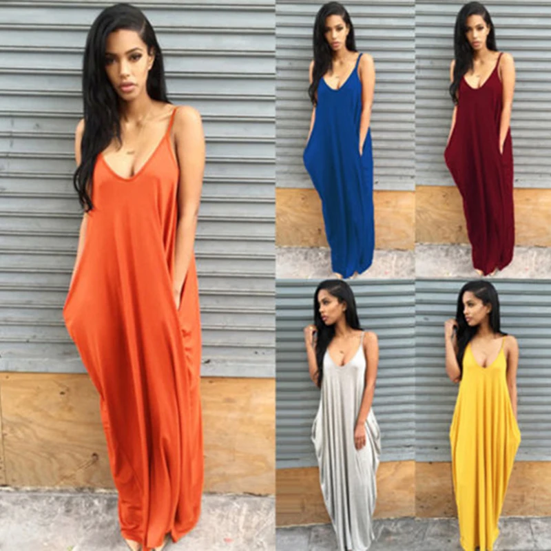

Women Summer Long Maxi Dress Solid Casual Boho Beach Dress Loose Sexy Evening Party Bodycon Dres Largos Mujer Vestidos Black XL