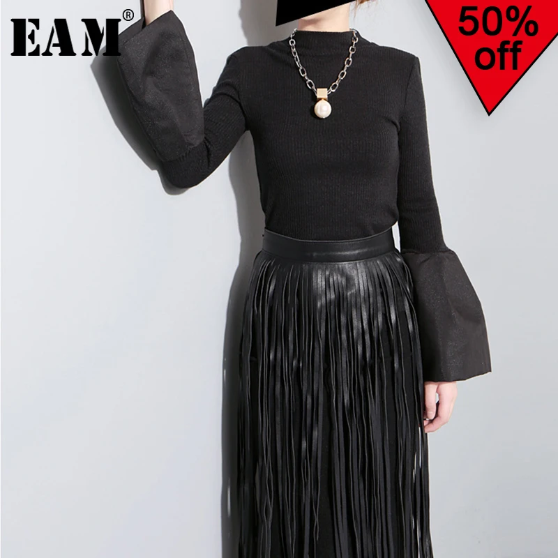 

[EAM]2019 New Spring Summer Round Neck Long Flare Sleeve Personality Black Knitting Split Joint Loose T-shirt Women FashionJO265