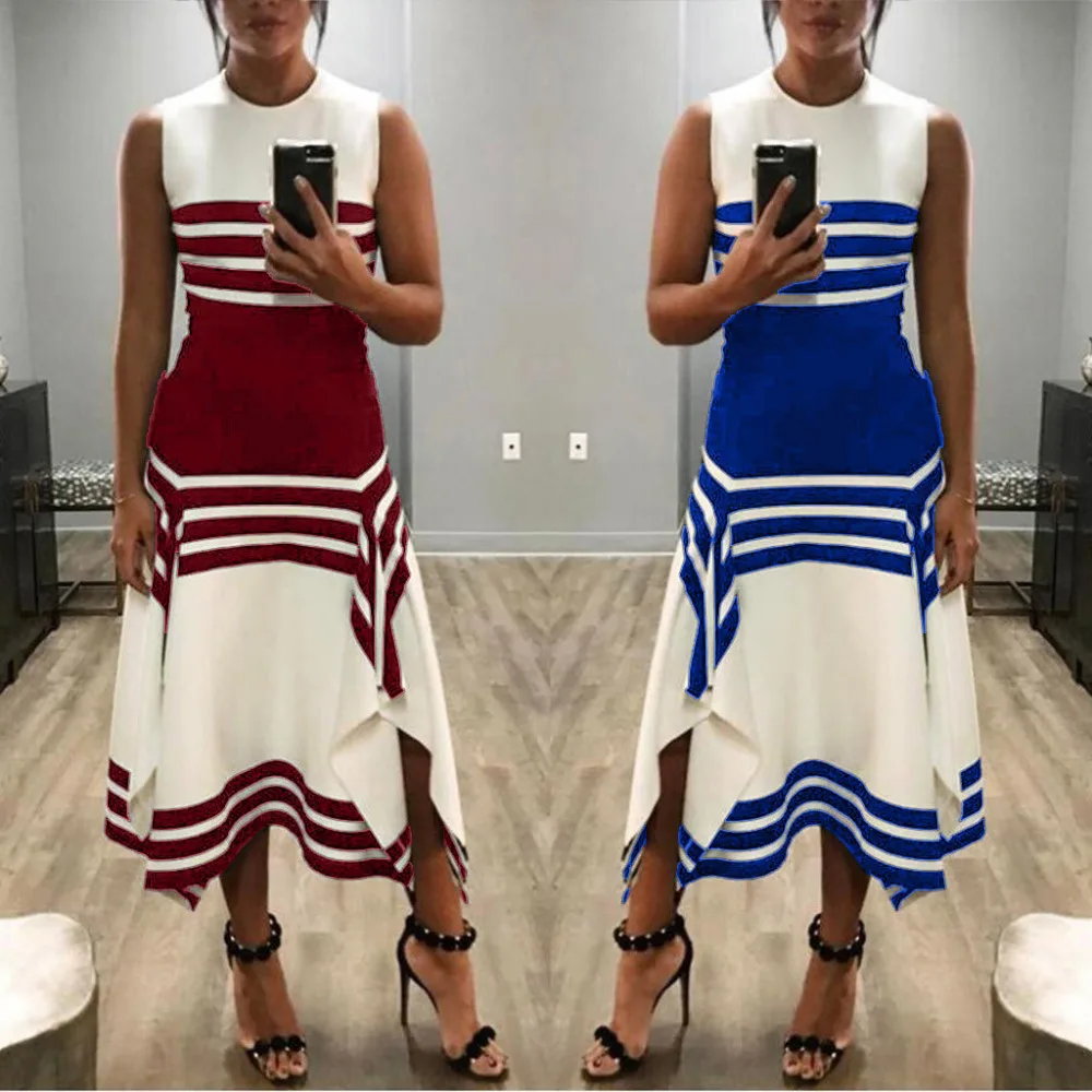 

2019 Women's Fashion Sexy Stripe Sleeveless Casual Dress Women Round Neck Party dresses Faldas Mujer Spring Summer