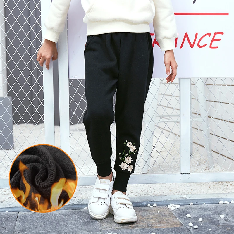 Autumn Winter 3D Embroidery Thick Harem Pants For Girls Trousers Child Fashion Warm Fleece Elastic Waist Kids | Детская одежда и