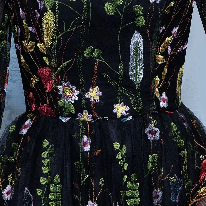 Женское черное цветочное элегантное вечернее платье на молнии с длинным рукавом с иллюзионной аппликацией длина до пола Формальные платья для выпускного вечера