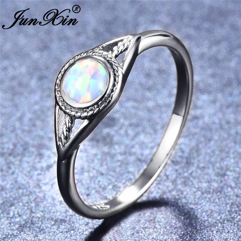JUNXIN 925 Sterling Silver Filled Purple/Blue/White Fire Opal Rings For Women Round Birthstone Rainbow Evil Eye Wedding Ring