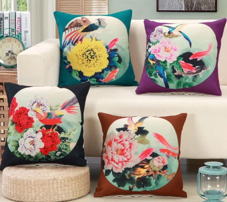 Oriental Chinese Design Lotus Fish Bird Linen Seat Cushions Office