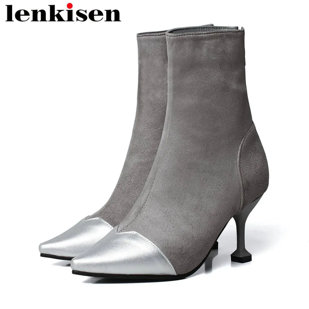 

Lenkisen 2018 office lady plus size strange high heels zipper mixed colors flock pointed toe elegant lady runway ankle boots L55