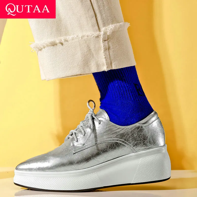 

QUTAA 2019 Women Shoes Platform New Cow Patent Leather PU All Match Lace Up Wedges Heel Spring/autumn Women Pumps Size 34-42