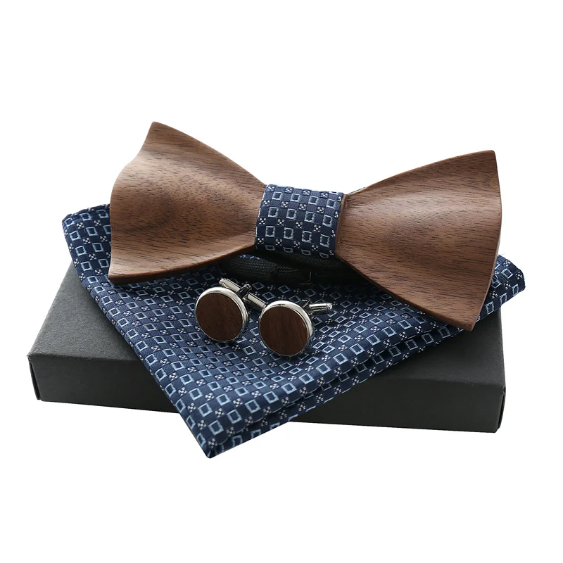 Unisex High-end Natural Wood Raised Bow Tie For Wedding Logo Customized Wooden Ties Set 6 Color Free Handkerchief Z304SQ